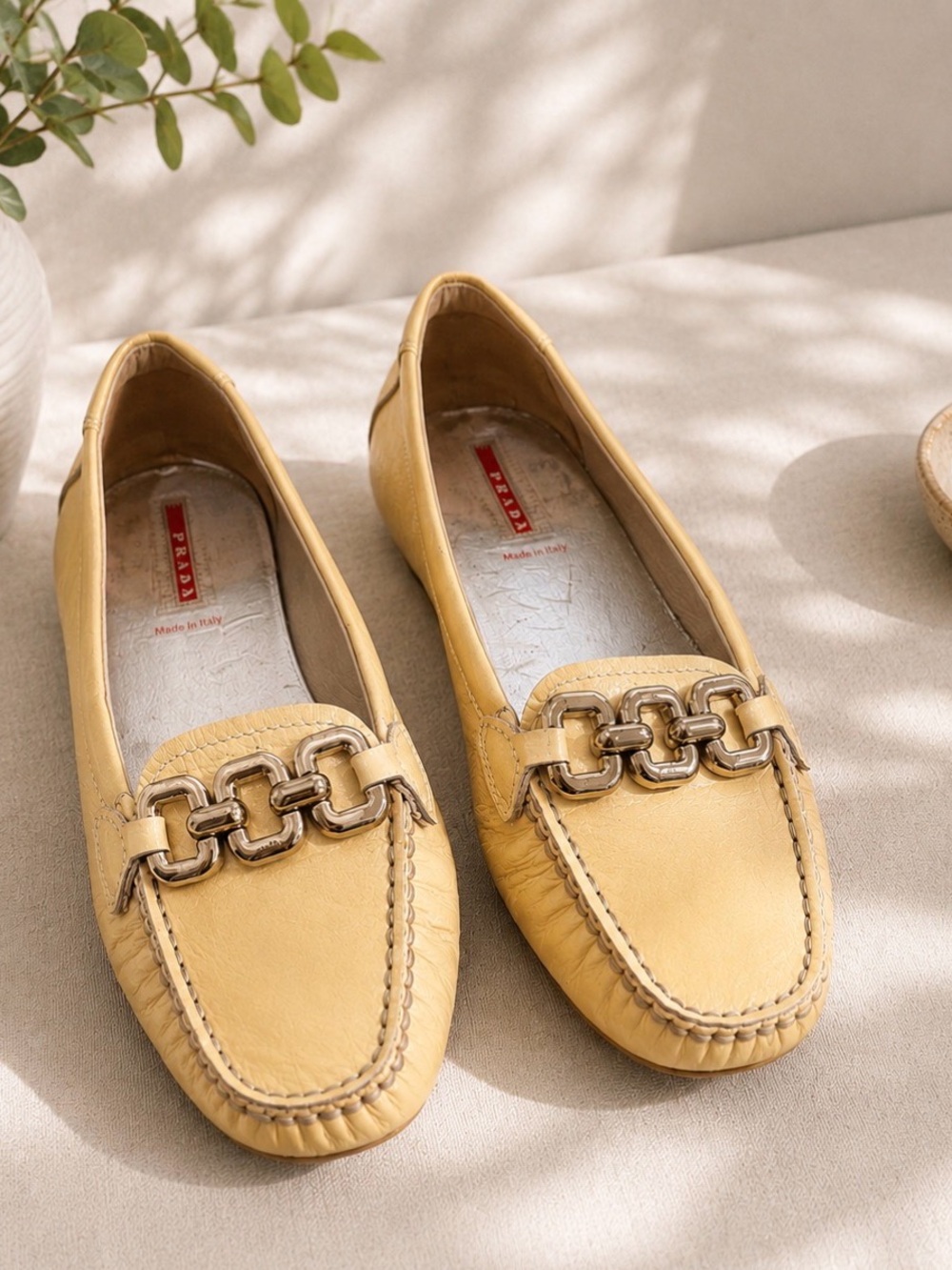 Prada EUR 37 light yellow driving loafer flats shoes made in Italy